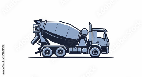 Side view of a blue cement mixer truck on a white background
