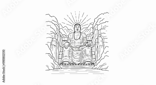 Serene Buddha statue carved into a cliff face by a tranquil river