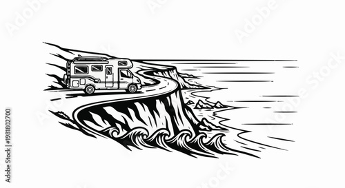 RV drives on a winding cliff road overlooking a wavy ocean