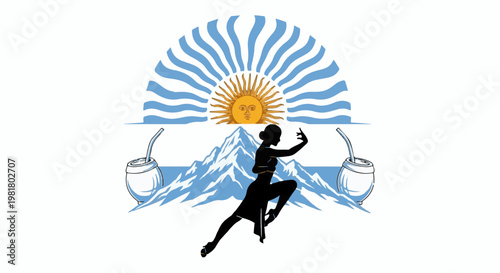 Silhouette dancer tango amidst mountains, sun, and mate cups on flag