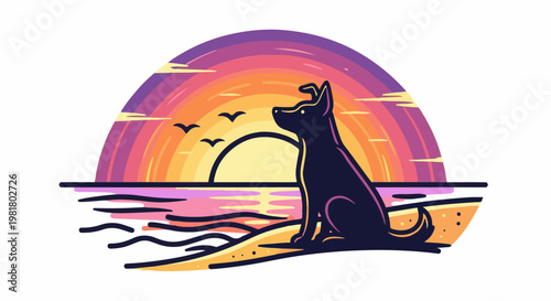Silhouette dog sits on beach looking at colorful sunset and ocean waves