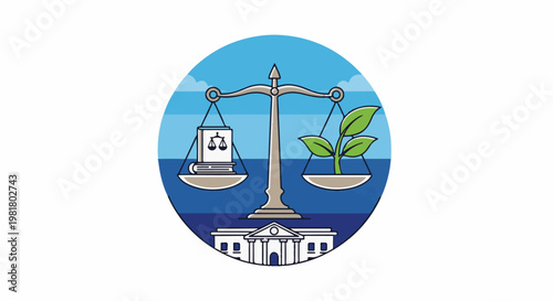 Scale balances law book and green plant above building under sky