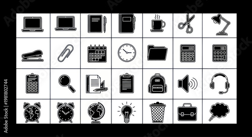 Office Supplies and Icons: Laptop, Calendar, Clock, Calculator, Lamp, Backpack, Headphones