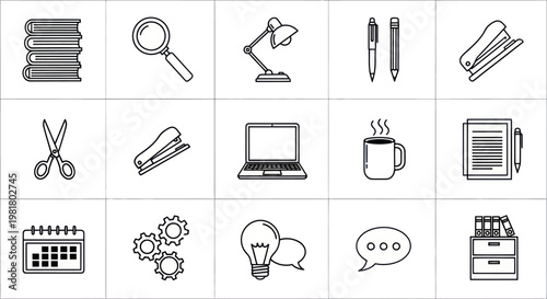 Photos Office Supplies and Equipment Icons: Books, Laptop, Desk Lamp, Coffee, Calendar,