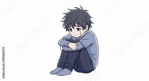 Sad child with tears, hugging knees, looking down