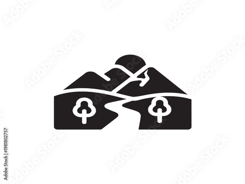 hiker on mountain trail vector illustration, flat design