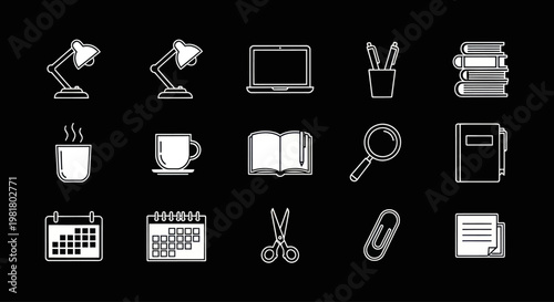 Office Supplies and Stationery Icons - White Line Art on Black Background