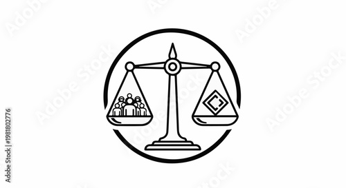 Scale balancing people against a stylized square representing value or a symbol