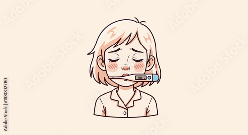 Sad person with thermometer in mouth, feeling ill