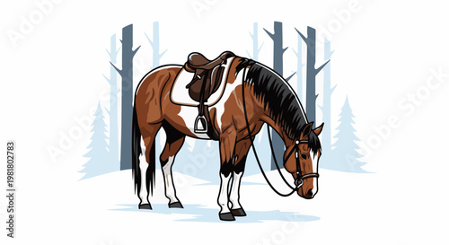 SADDLED HORSE STANDS IN SNOW AMIDST TREES