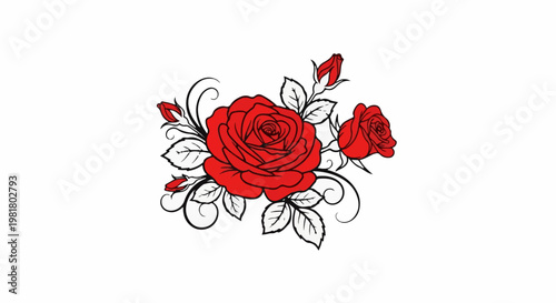 Scarlet roses with buds and swirling leaves on a white background