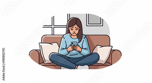 Sad young woman crying while looking at phone on couch