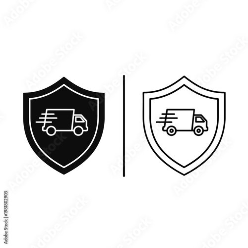 Delivery truck shield icon set representing secure shipping and protected transport services