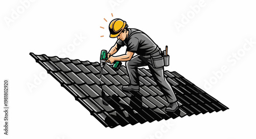 Roofer with drill repairs tiled roof