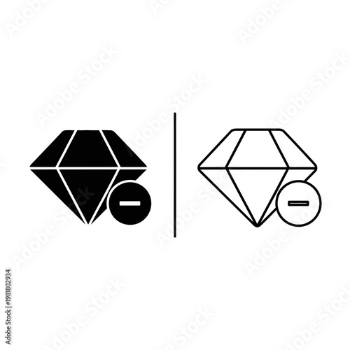Diamond with minus sign icons in solid and outline style for quality reduction and removal, subtract