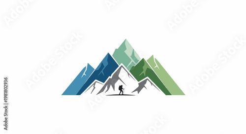 Silhouette hiker ascends majestic, layered mountains in vibrant hues
