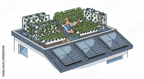 Rooftop farm with hydroponic systems and solar panels