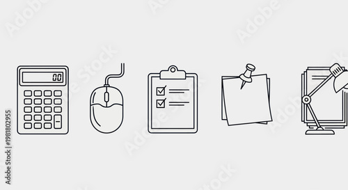 Office Supplies Icons: Calculator, Mouse, Clipboard, Sticky Note, Desk Lamp