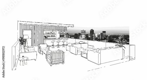 Rooftop lounge area with bar and city skyline view