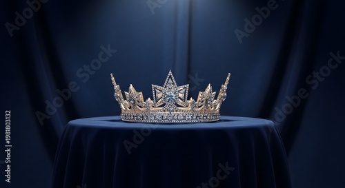 Luxurious gold crown on velvet pedestal with dark blue curtain background
