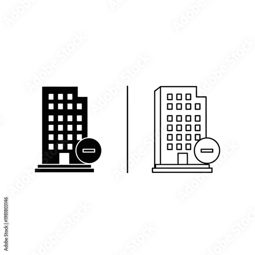 Office building deletion and real estate removal line and solid graphic icon set with building