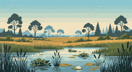 Serene marsh landscape with water, reeds, lilies, and distant trees