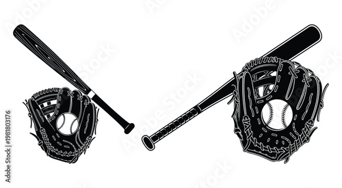 Black and white vector illustration set of baseball equipment featuring wooden bats and leather catcher mitts with balls