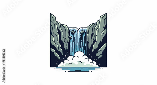 Pixelated waterfall cascading into misty pool between rock walls