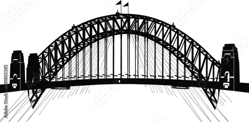 Sydney Harbour Bridge vector illustration, black silhouette of iconic Australian landmark, architectural bridge symbol isolated on white background, Sydney Australia.