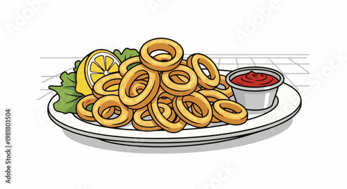 Plate of golden crispy onion rings served with lemon, lettuce, and ketchup