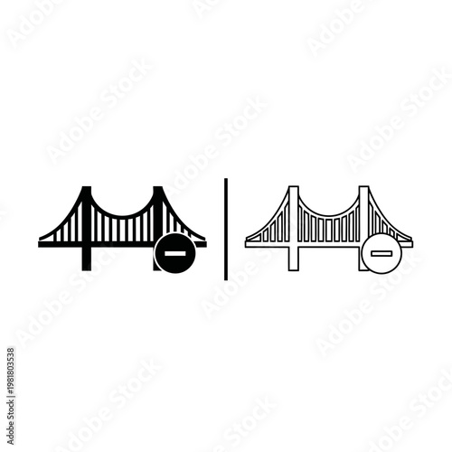 Suspension bridge icon set with subtraction sign for minus or negative action suspension negative