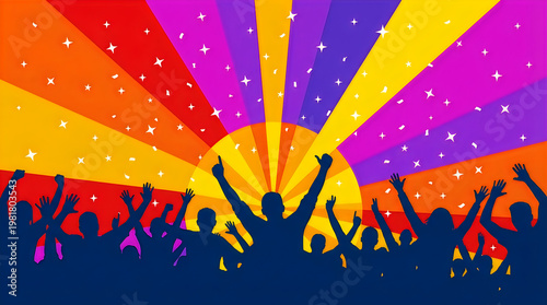 Pixel Art Festival Crowd Silhouette with Vibrant Sunburst Background