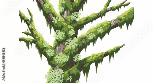 Pixelated moss-covered tree branches with lichen growth