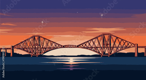 Pixelated bridge at sunset over water with stars in sky