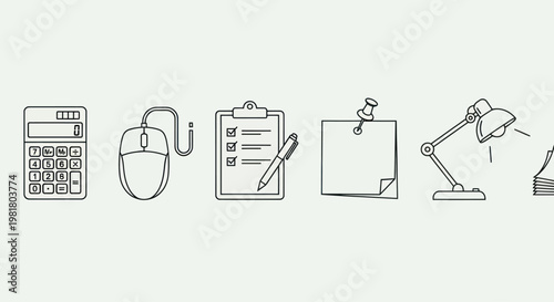 Office Supplies Icons: Calculator, Mouse, Clipboard, Sticky Note, Lamp, Paper Stack