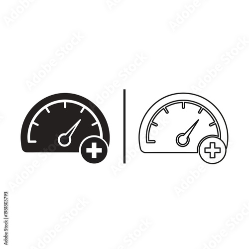 Speedometer icon with plus symbol for increase and performance gain speedometer increase analysis