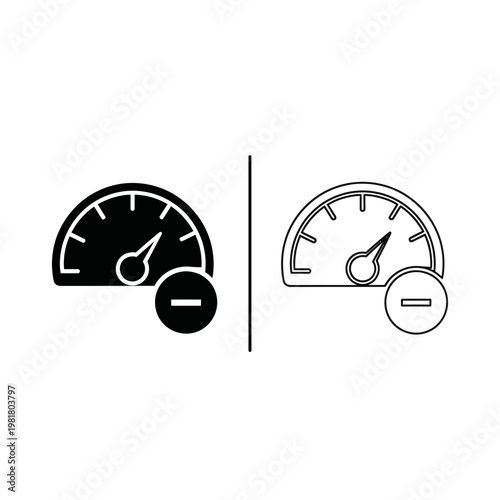 Speedometer icon with minus symbol for reduction and performance decrease speedometer reduction