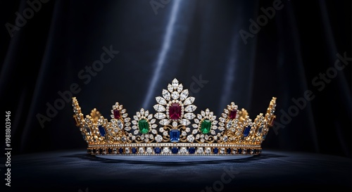 Luxurious gold crown with precious gems on display
