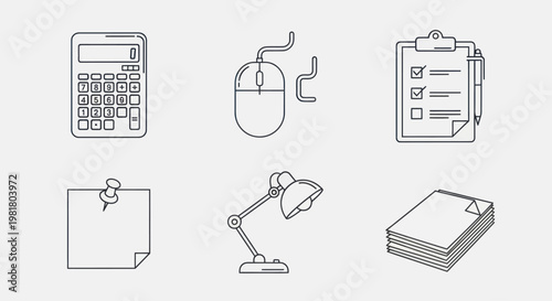 Office Supplies Icons Set: Calculator, Mouse, Clipboard, Lamp, Paper, Pin