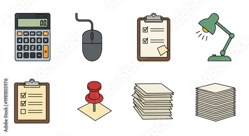 Office Supplies Icons Set: Calculator, Mouse, Clipboard, Lamp, Paper Stack