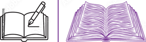 Open book and fountain pen vector illustration set for education and creative writing concepts