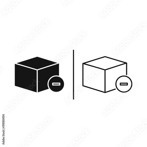 Black and white graphic icons representing a cube box with a minus sign for inventory reduction