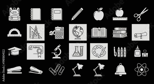 School Supplies and Education Icons Set: Back to School, Learning, Knowledge, Creativity