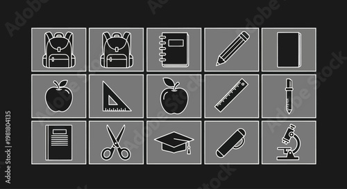 School Supplies Icons: Backpacks, Apple, Scissors, Graduation Cap, Microscope, Pencil