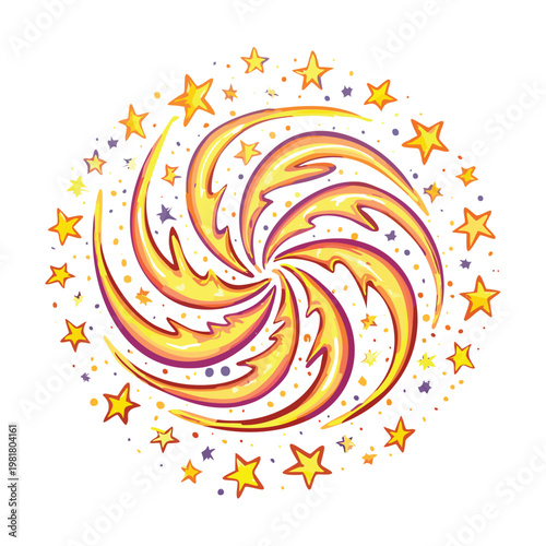 Swirling abstract fire pattern with stars abstract movement illustration celebration energetic powerful elemental combustion background whirlwind rotation starburst