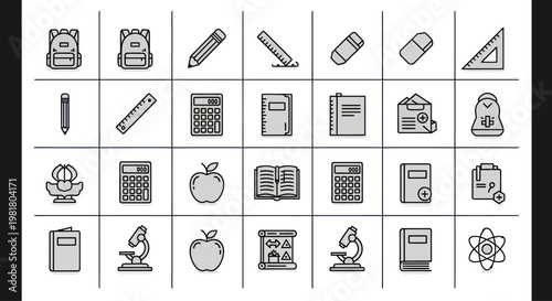 School Supplies Icons Set - Back to School, Education, Learning, Studying, Drawing, Writing