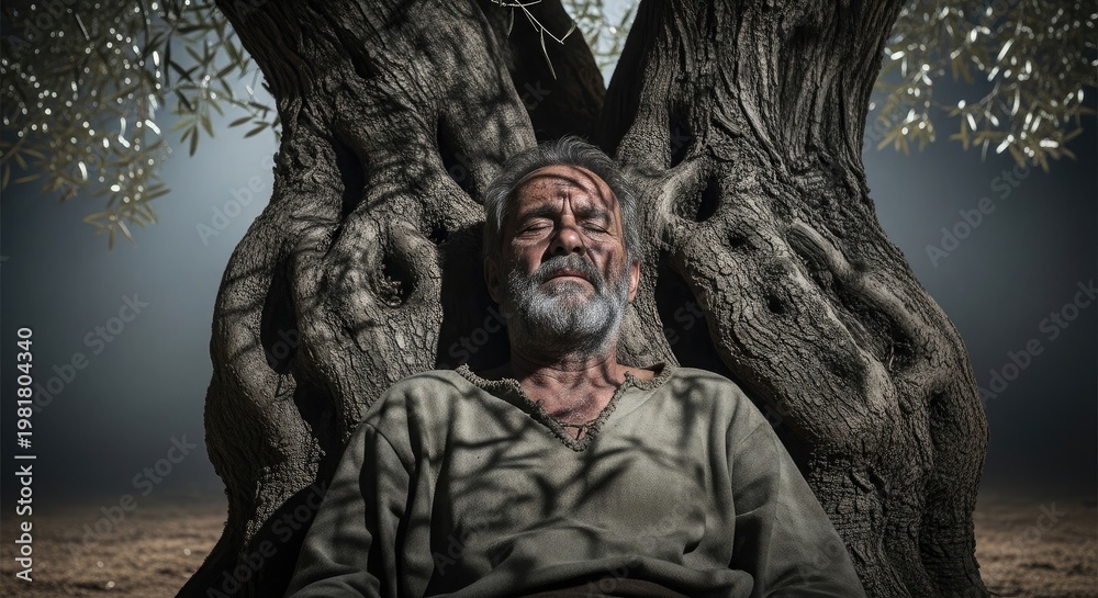 Fototapeta premium Weathered elderly man with white beard and scars rests peacefully under ancient gnarled olive trees eyes closed in tranquil contemplation embodying resilience and wisdom amidst a serene earthy