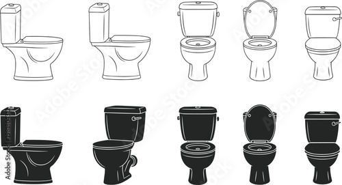 Toilet, icon, set, with, ceramic, commode, silhouettes, and, line, art, isolated, on, white, background, vector, illustration, for, bathroom, plumbing, design.