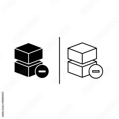 Icon of stacked boxes with a minus symbol subtract inventory warehouse logistics delivery