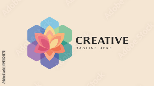 Photos This logo incorporates colorful geometric shapes to form a floral symbol, creating a vibrant and eye-catching design suitable for creative businesses and workshops